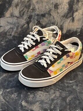 Vans Womens Old Skool Black Multicolor Checkered Shoes Sneakers SIZE 6.5 W